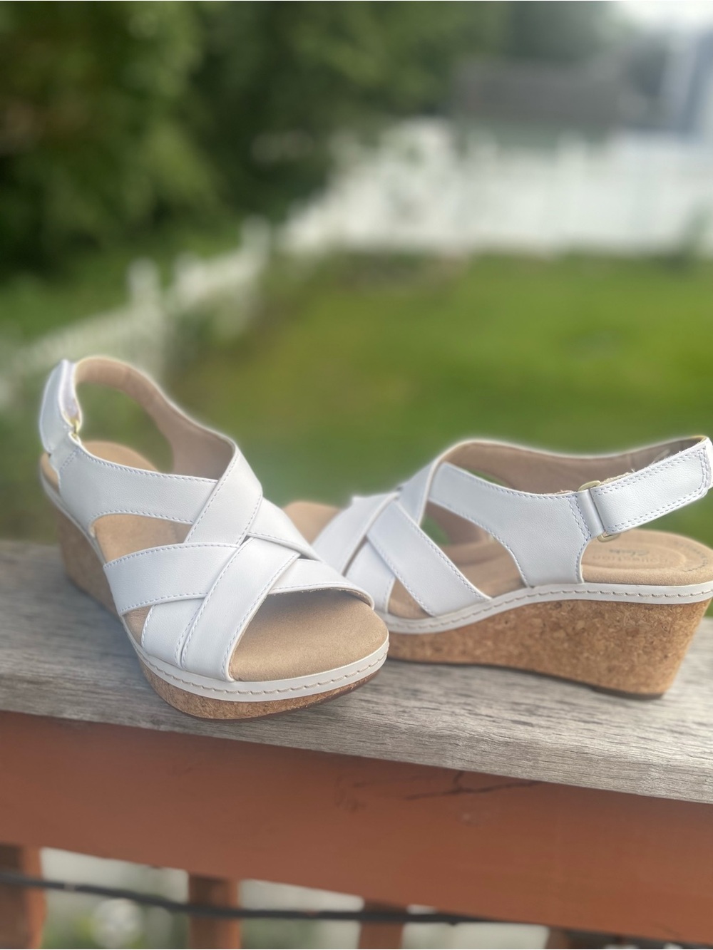 Clarks White Leather Cork Wedge Sandals